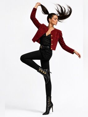 Danier Red Suede Cropped Jacket Gold Button Vintage Luxe